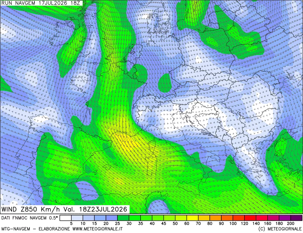 mappa Direzione e forza del vento a 850hPa