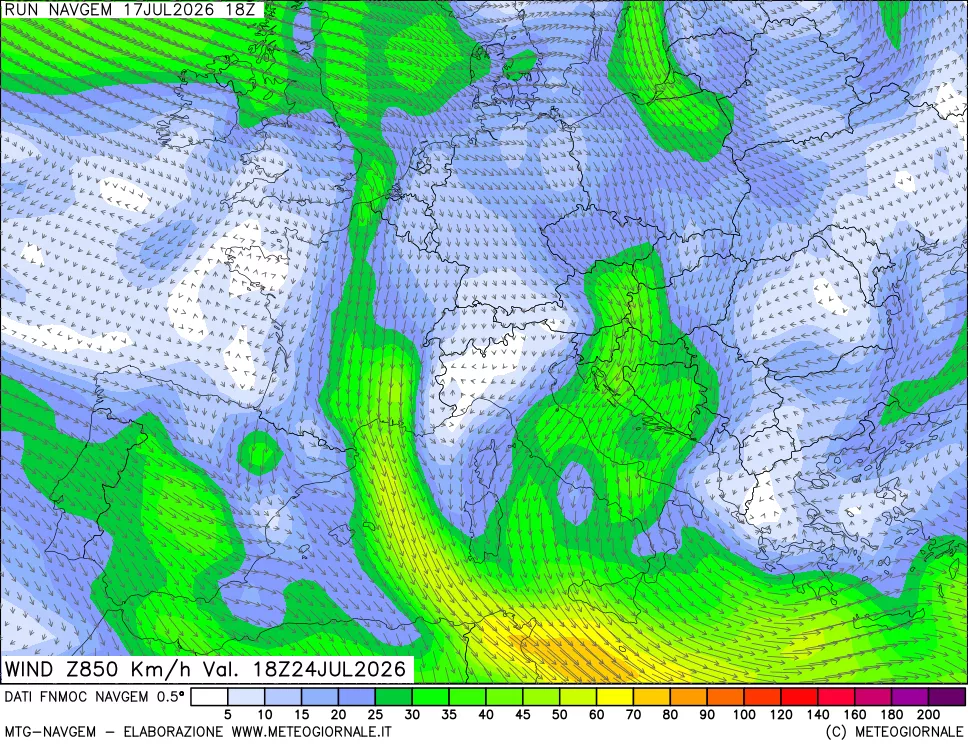 mappa Direzione e forza del vento a 850hPa