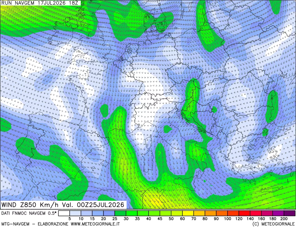 mappa Direzione e forza del vento a 850hPa