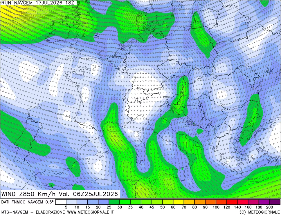 mappa Direzione e forza del vento a 850hPa