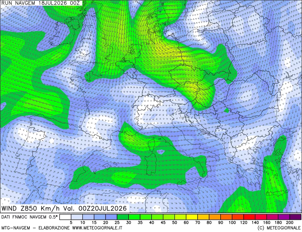 mappa Direzione e forza del vento a 850hPa