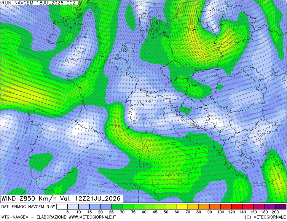 mappa Direzione e forza del vento a 850hPa