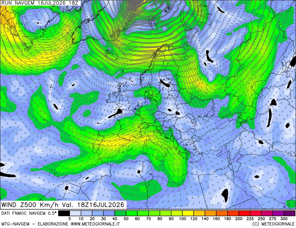 mappa Direzione e forza del vento a 500hPa