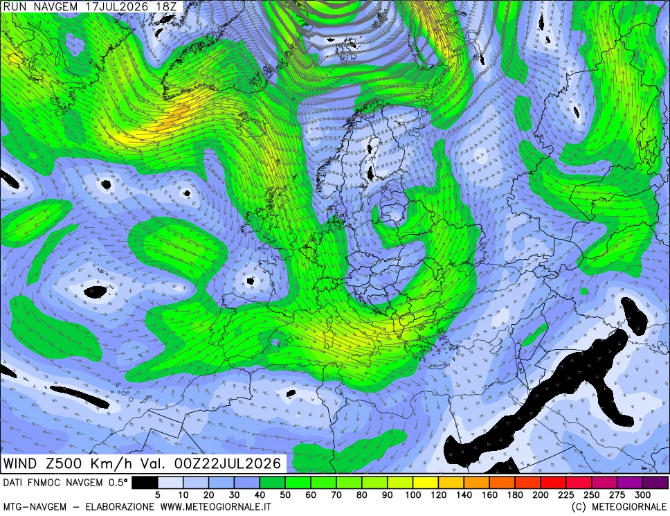mappa Direzione e forza del vento a 500hPa
