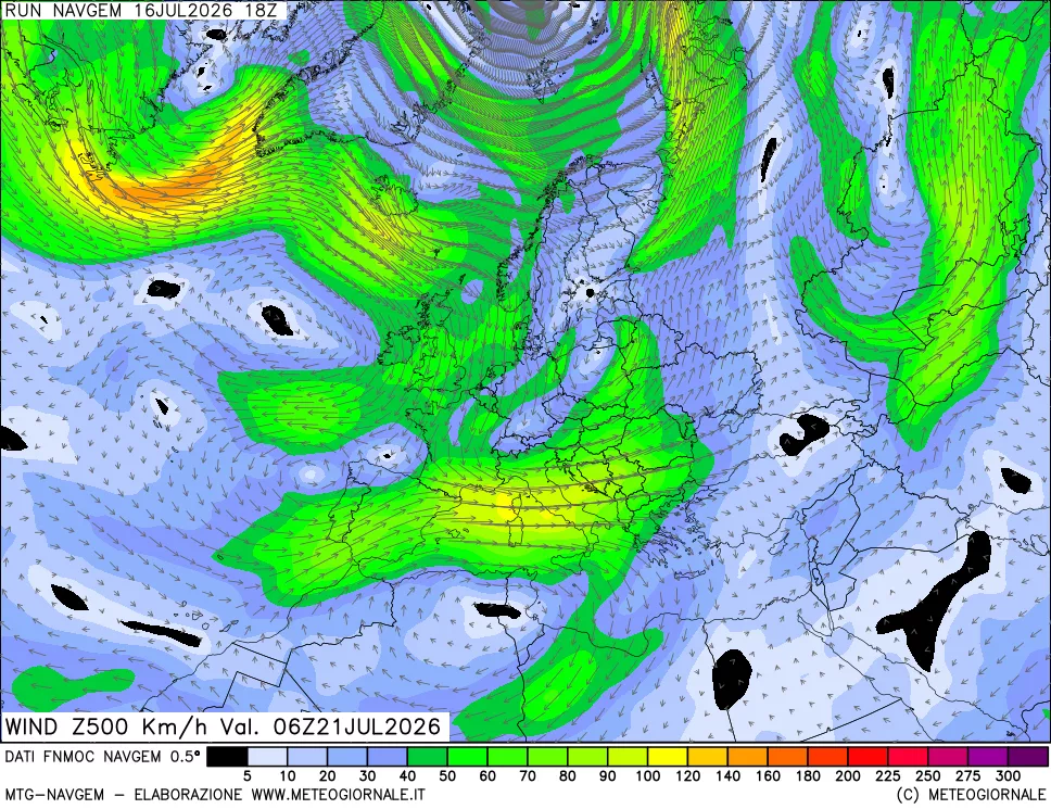 mappa Direzione e forza del vento a 500hPa