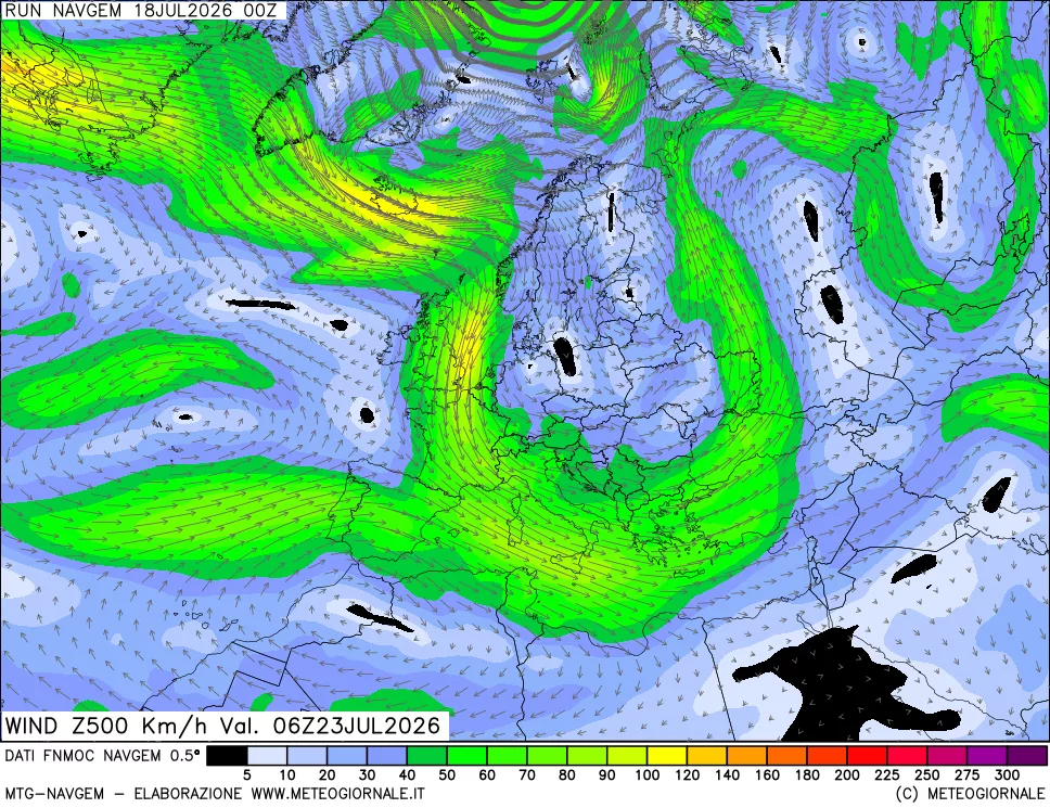 mappa Direzione e forza del vento a 500hPa