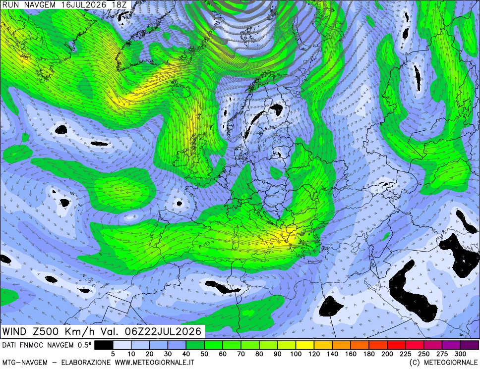mappa Direzione e forza del vento a 500hPa