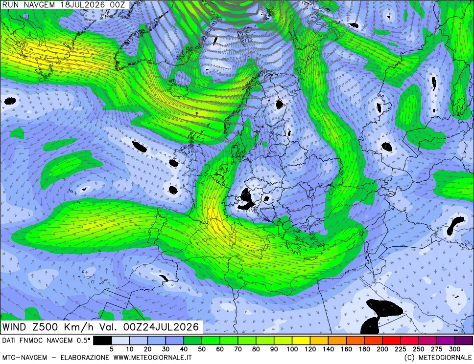 mappa Direzione e forza del vento a 500hPa