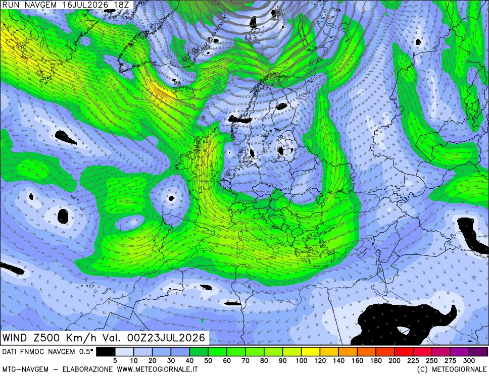 mappa Direzione e forza del vento a 500hPa