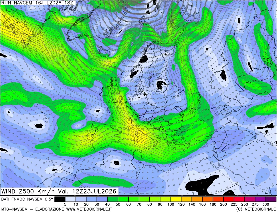 mappa Direzione e forza del vento a 500hPa