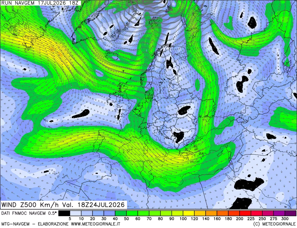 mappa Direzione e forza del vento a 500hPa
