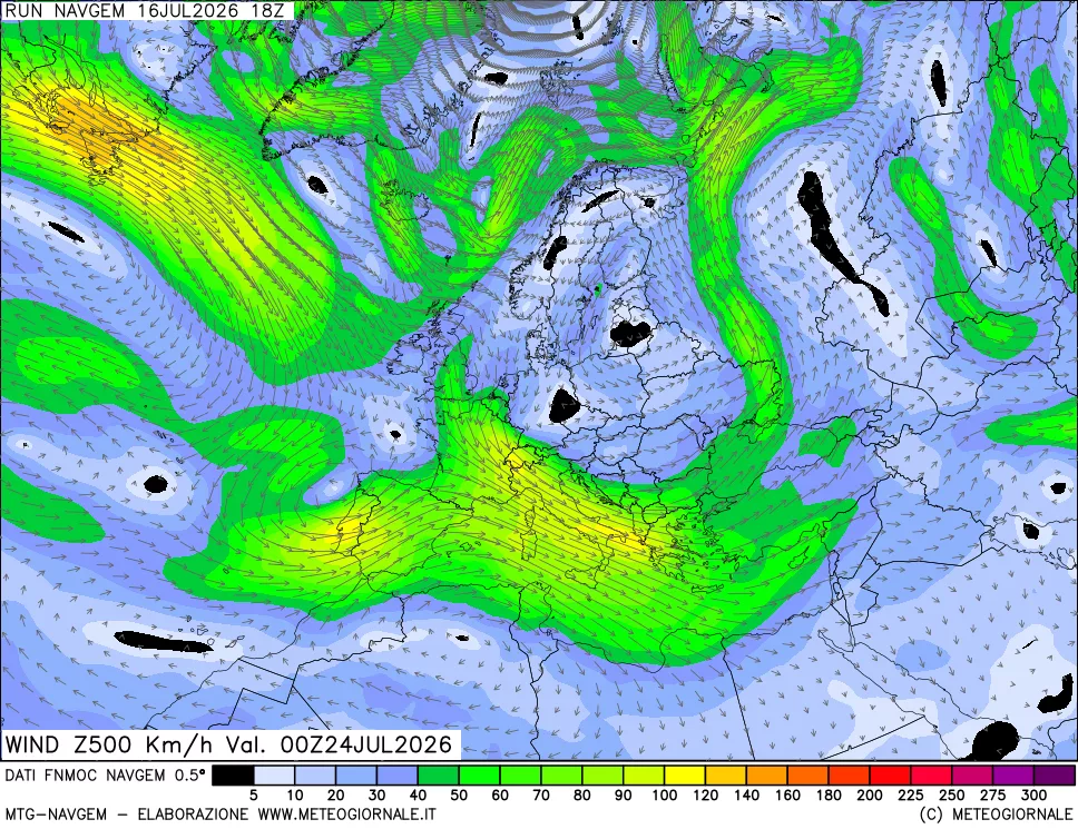 mappa Direzione e forza del vento a 500hPa