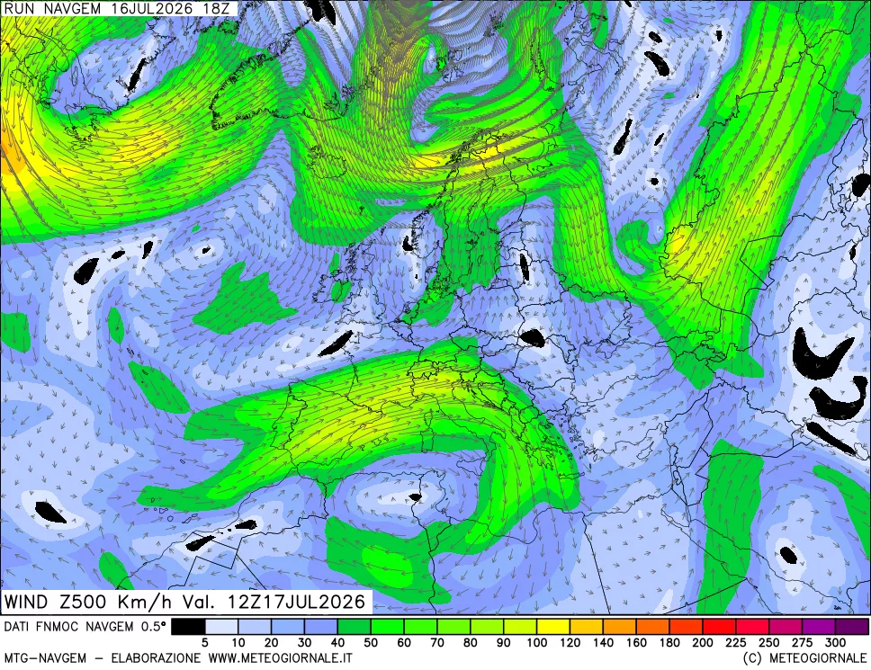 mappa Direzione e forza del vento a 500hPa