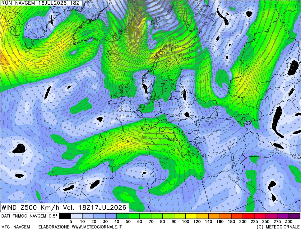 mappa Direzione e forza del vento a 500hPa