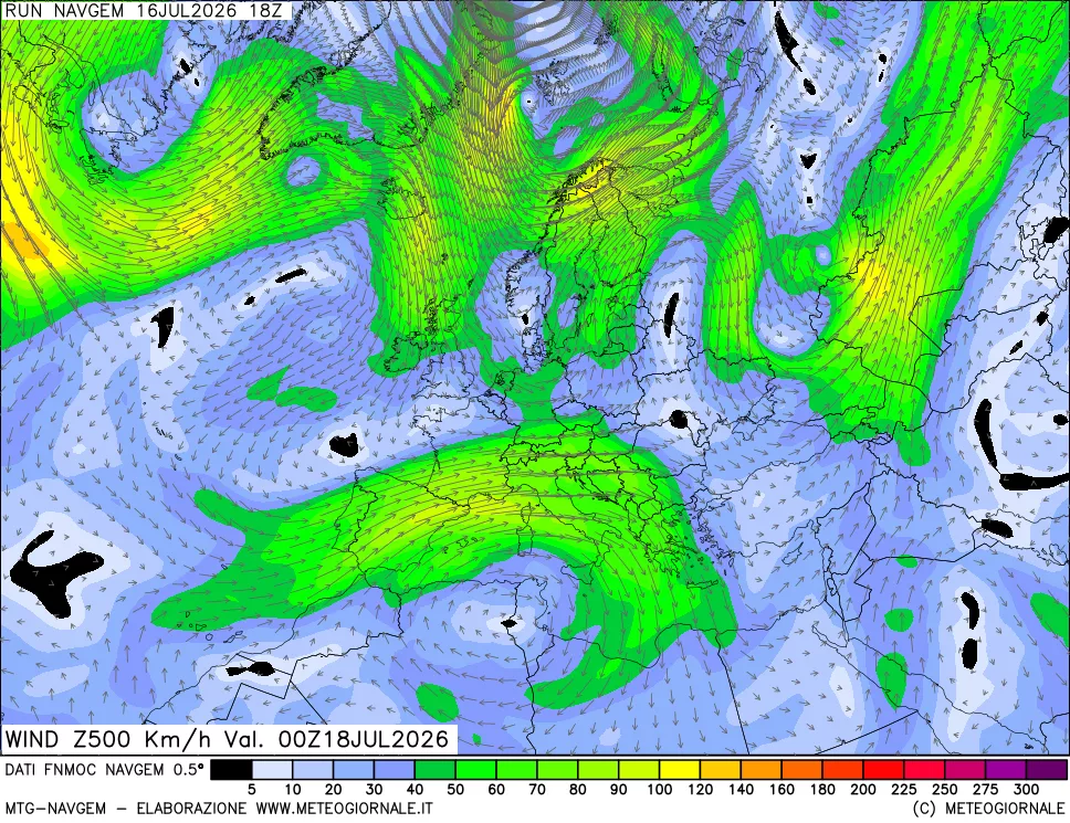 mappa Direzione e forza del vento a 500hPa