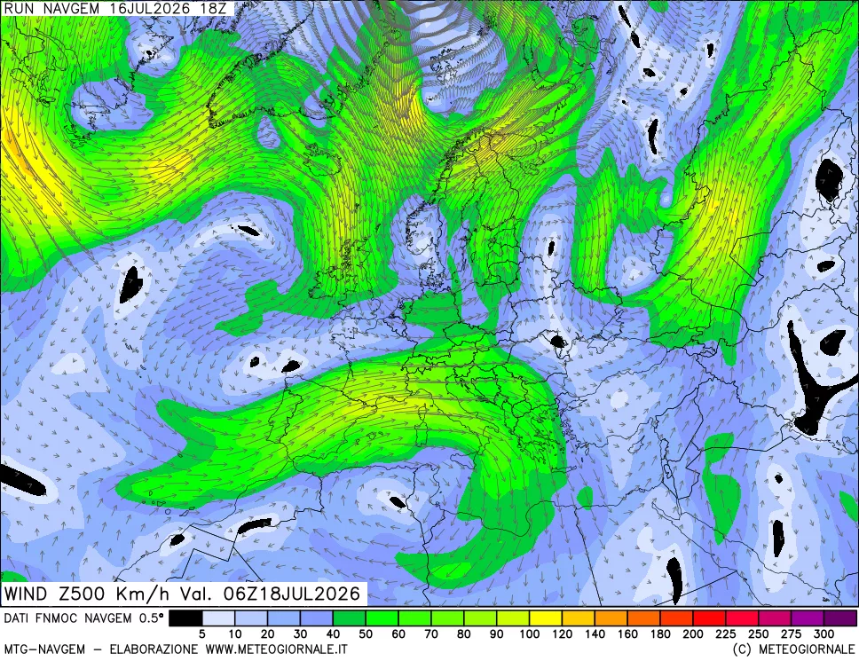 mappa Direzione e forza del vento a 500hPa