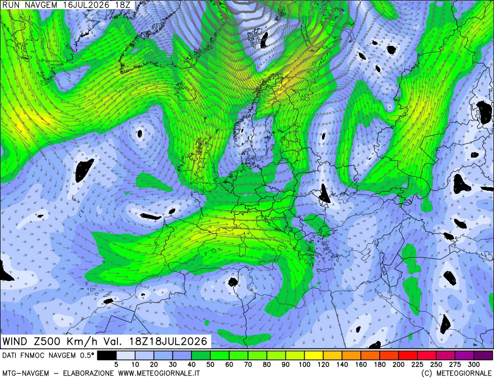 mappa Direzione e forza del vento a 500hPa