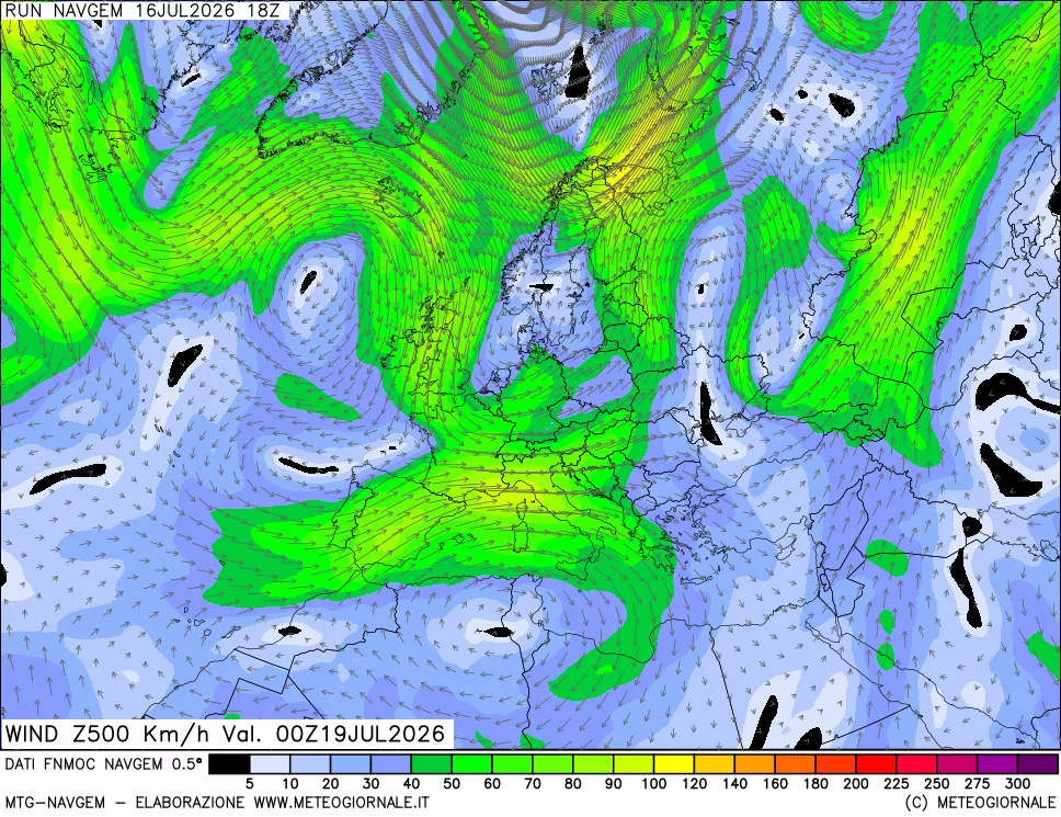 mappa Direzione e forza del vento a 500hPa