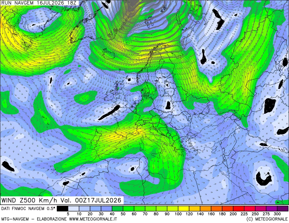 mappa Direzione e forza del vento a 500hPa