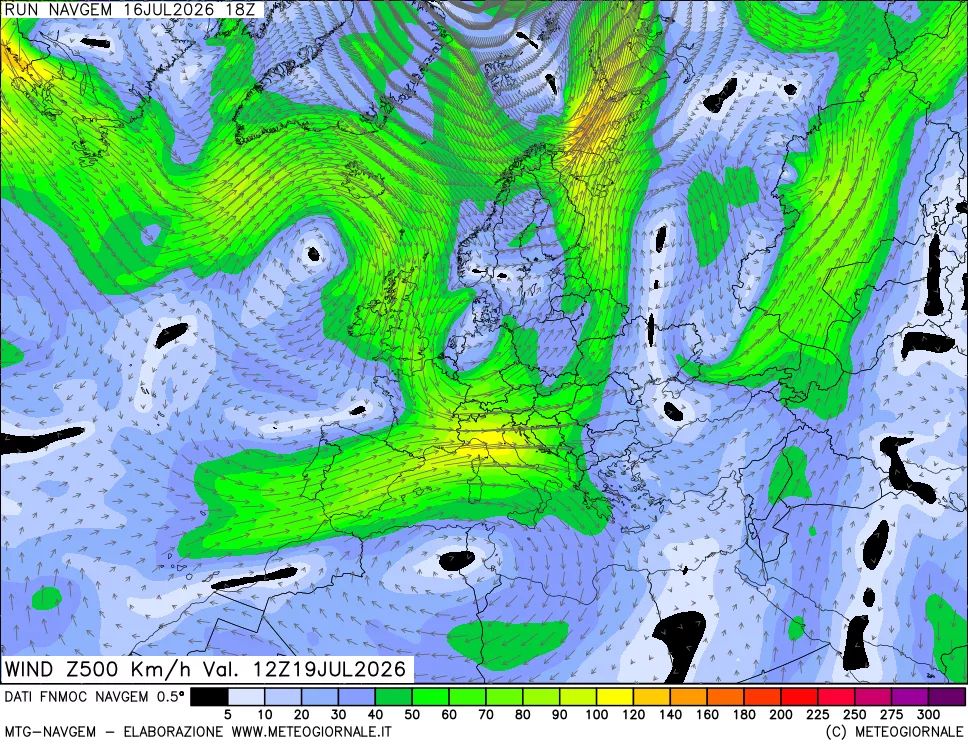 mappa Direzione e forza del vento a 500hPa