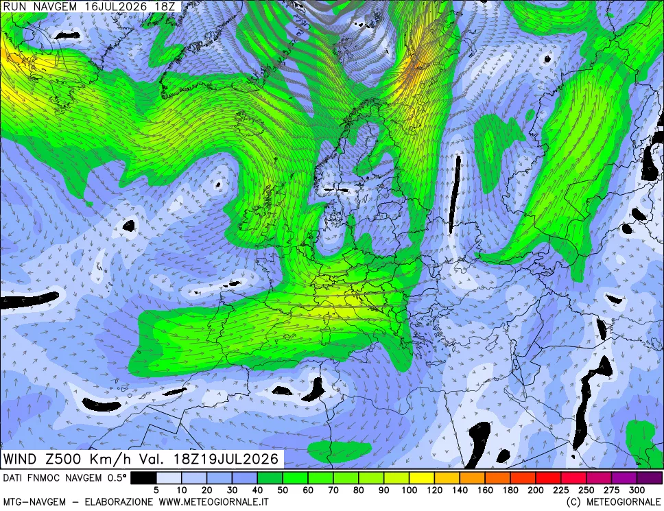 mappa Direzione e forza del vento a 500hPa