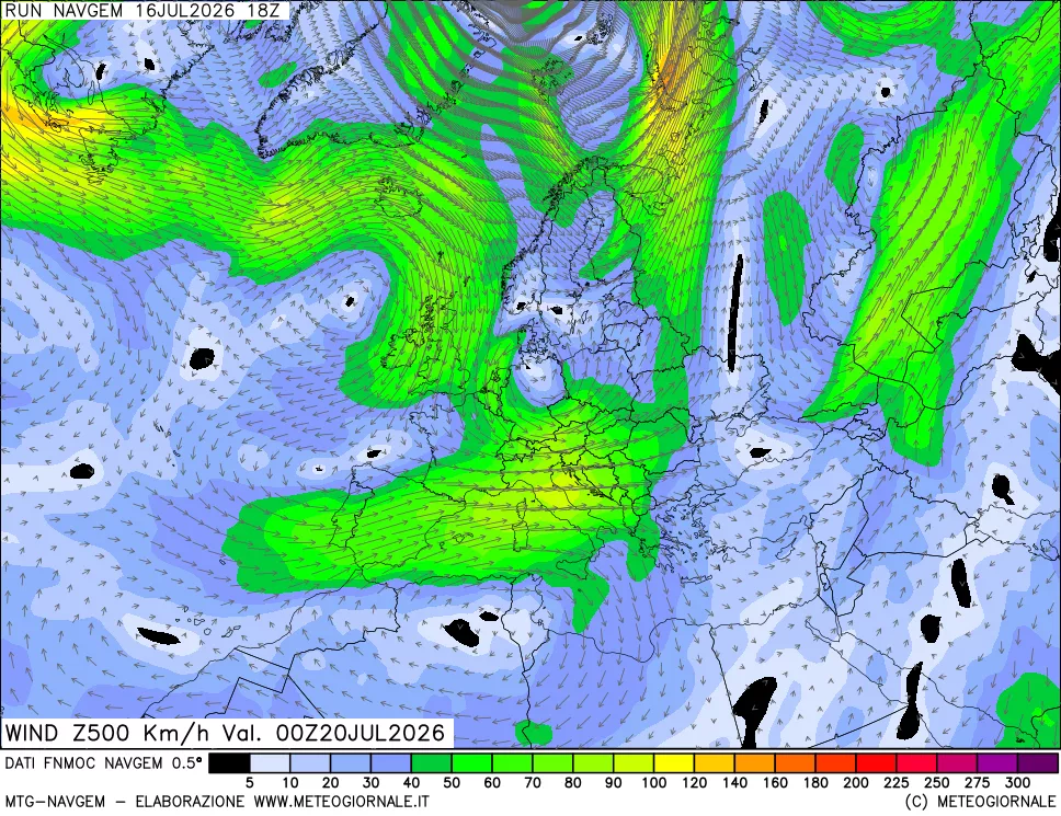 mappa Direzione e forza del vento a 500hPa