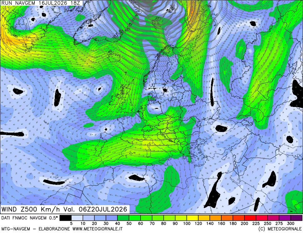 mappa Direzione e forza del vento a 500hPa
