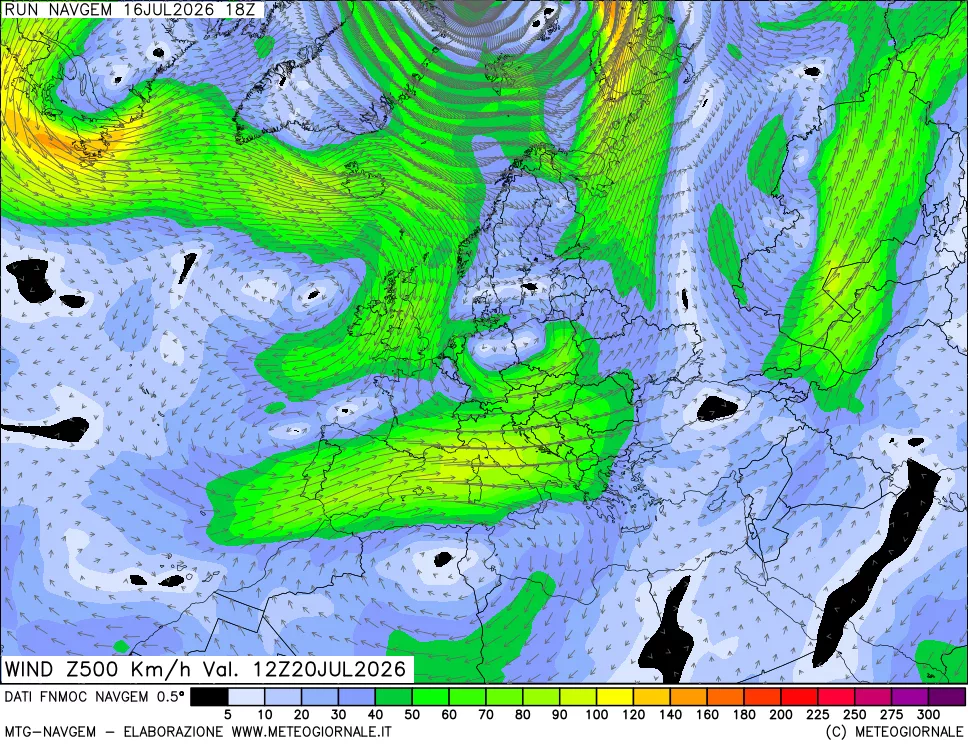 mappa Direzione e forza del vento a 500hPa
