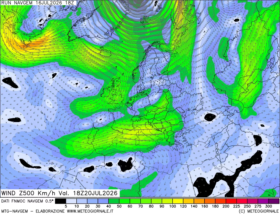 mappa Direzione e forza del vento a 500hPa