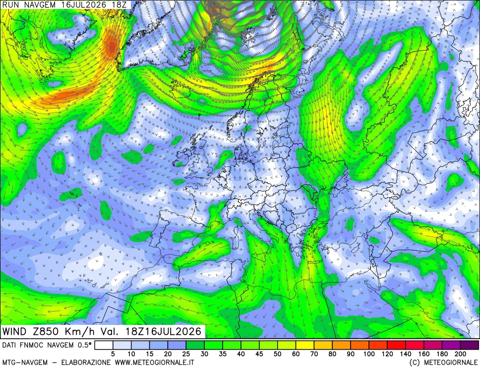 mappa Direzione e forza del vento a 850hPa