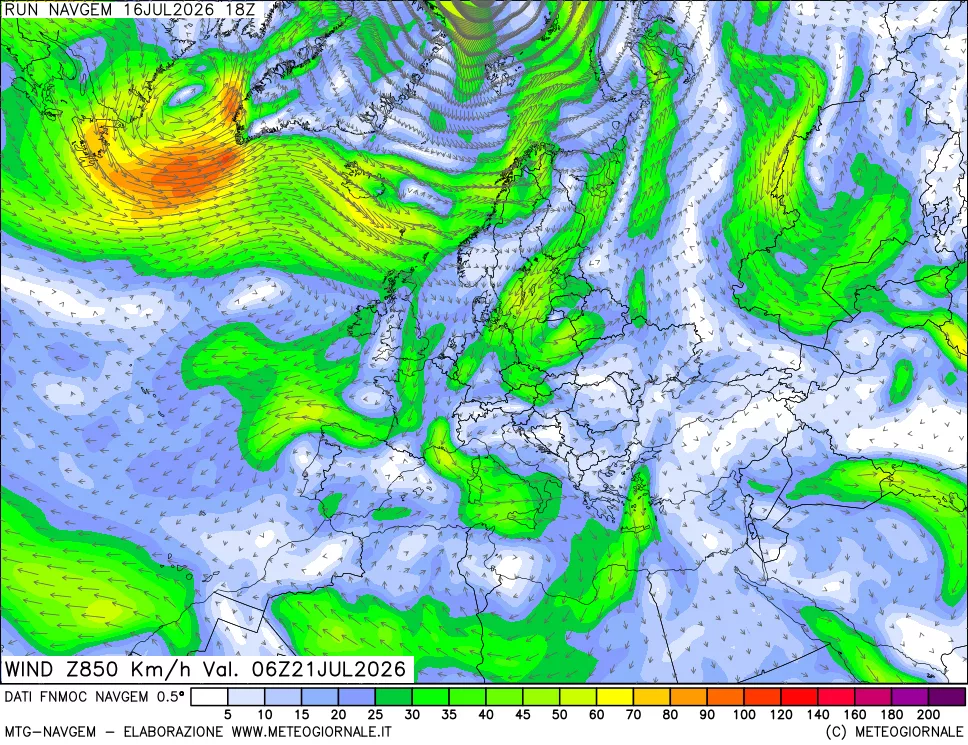 mappa Direzione e forza del vento a 850hPa