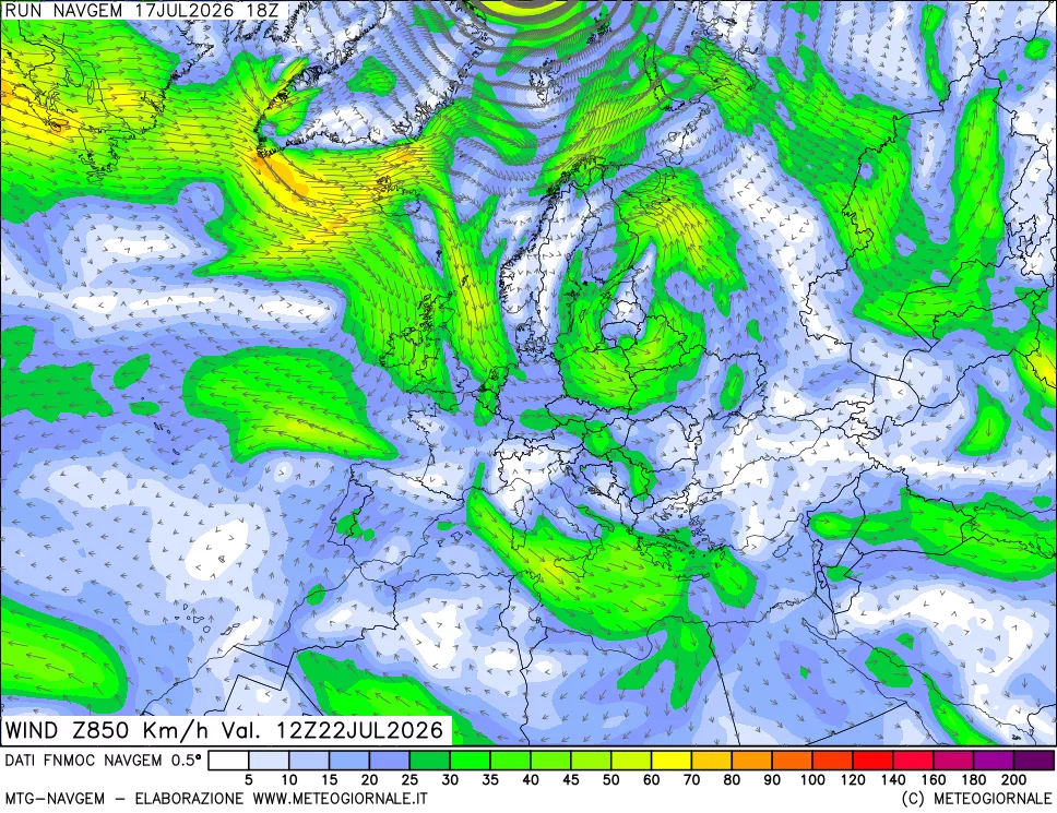 mappa Direzione e forza del vento a 850hPa