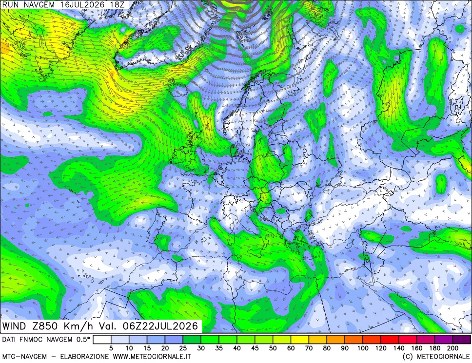 mappa Direzione e forza del vento a 850hPa