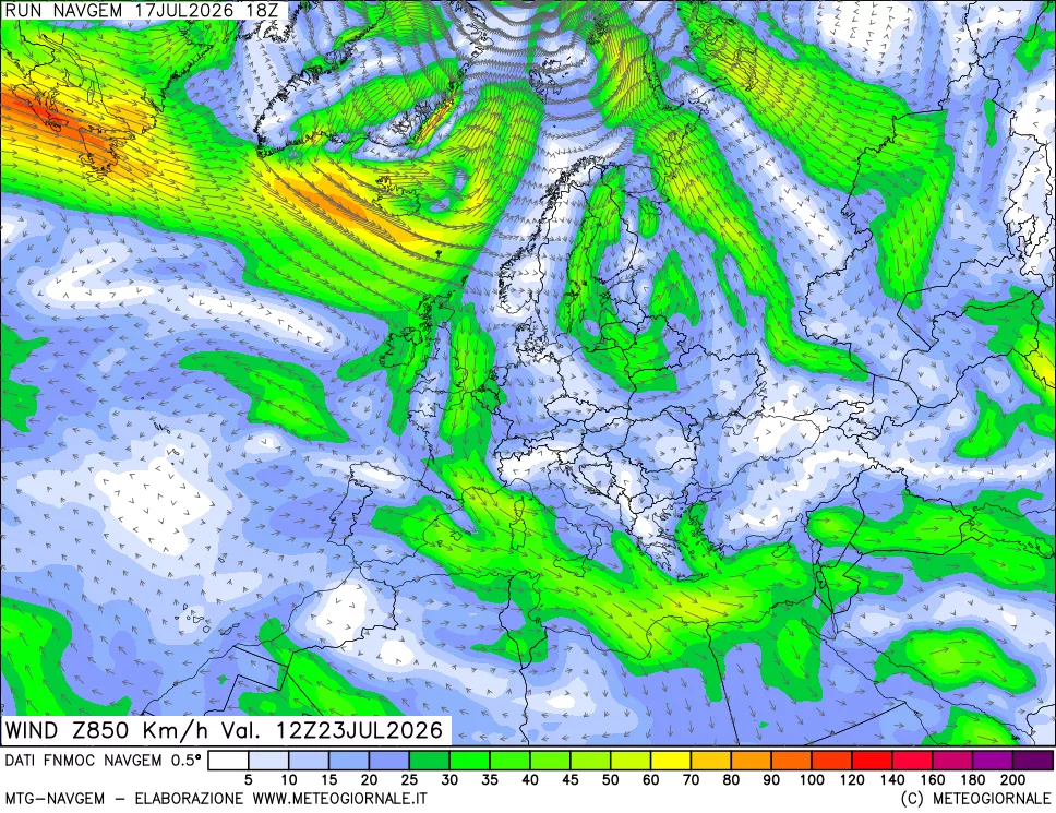 mappa Direzione e forza del vento a 850hPa