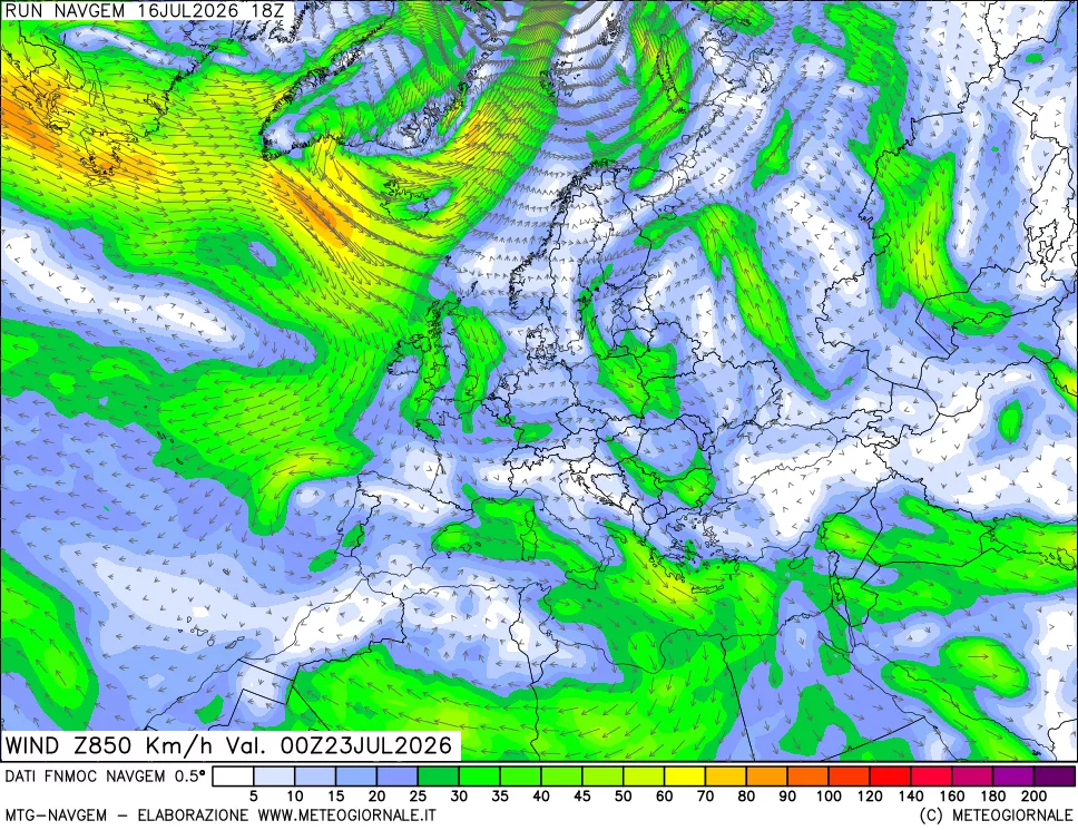 mappa Direzione e forza del vento a 850hPa