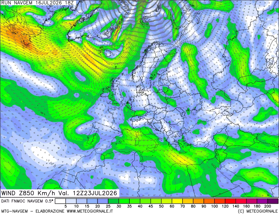mappa Direzione e forza del vento a 850hPa