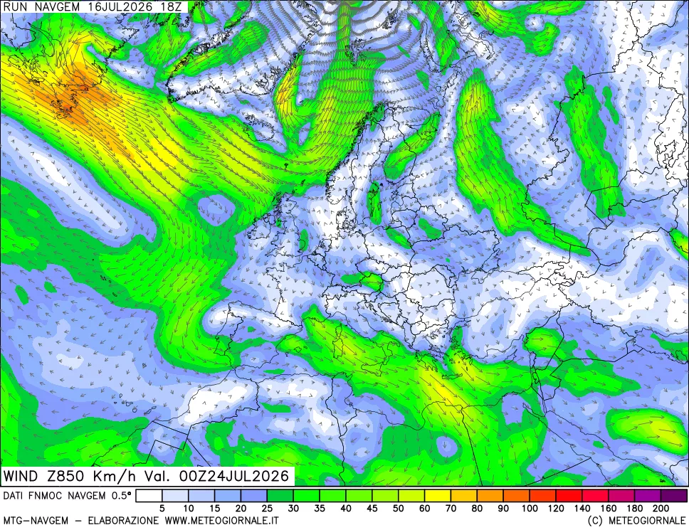 mappa Direzione e forza del vento a 850hPa