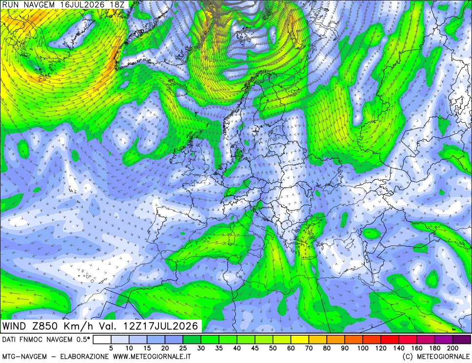 mappa Direzione e forza del vento a 850hPa