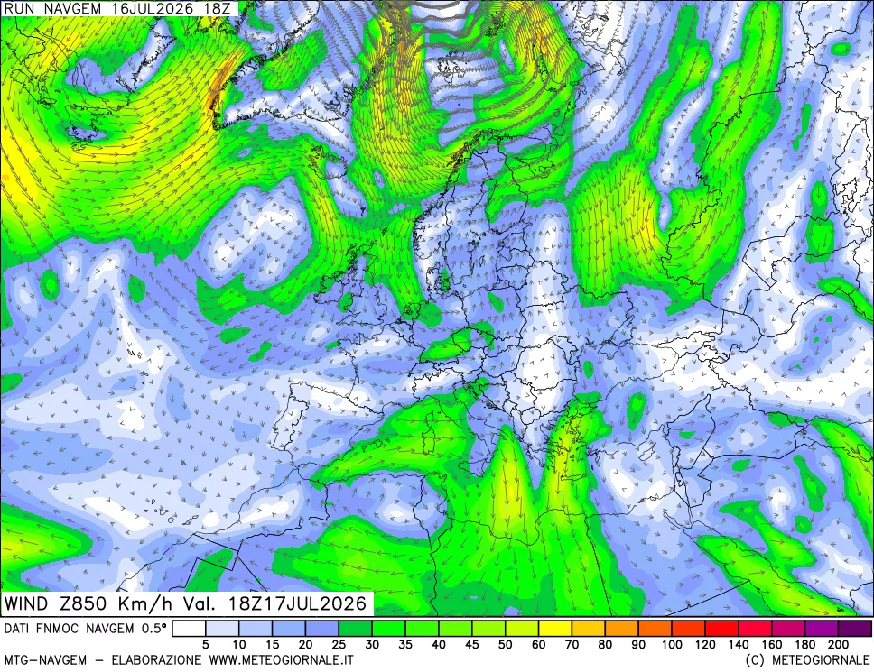 mappa Direzione e forza del vento a 850hPa