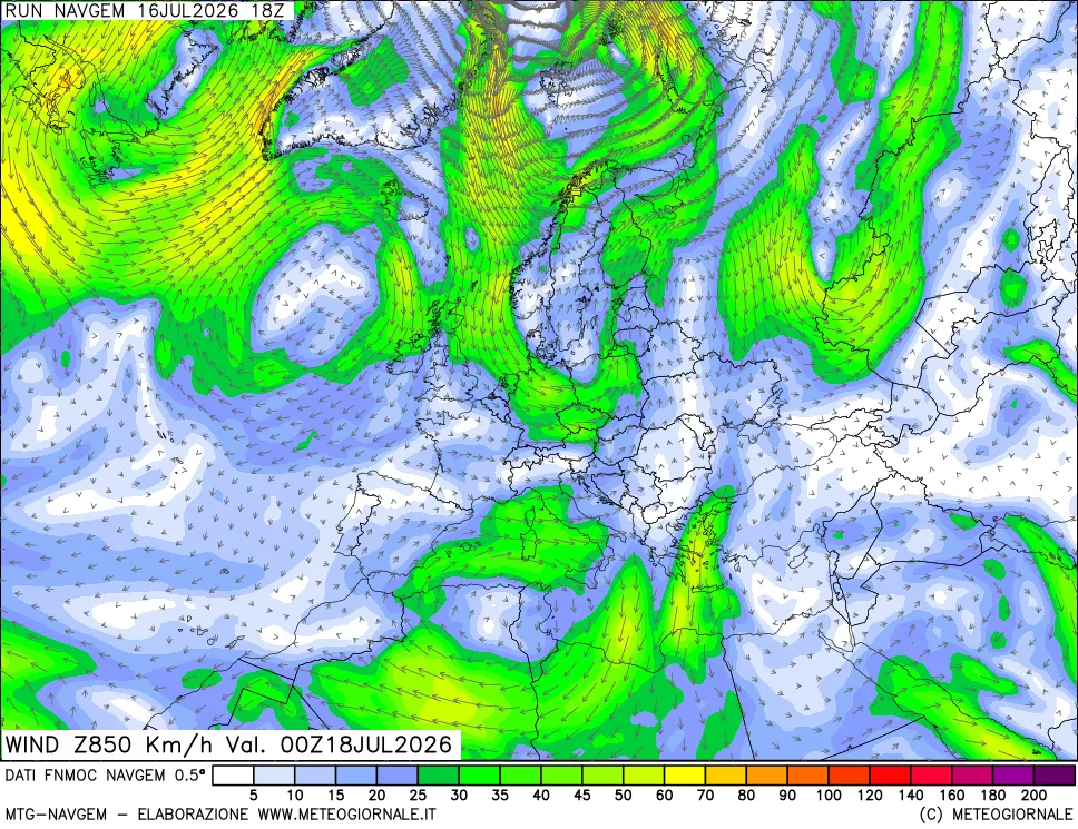 mappa Direzione e forza del vento a 850hPa