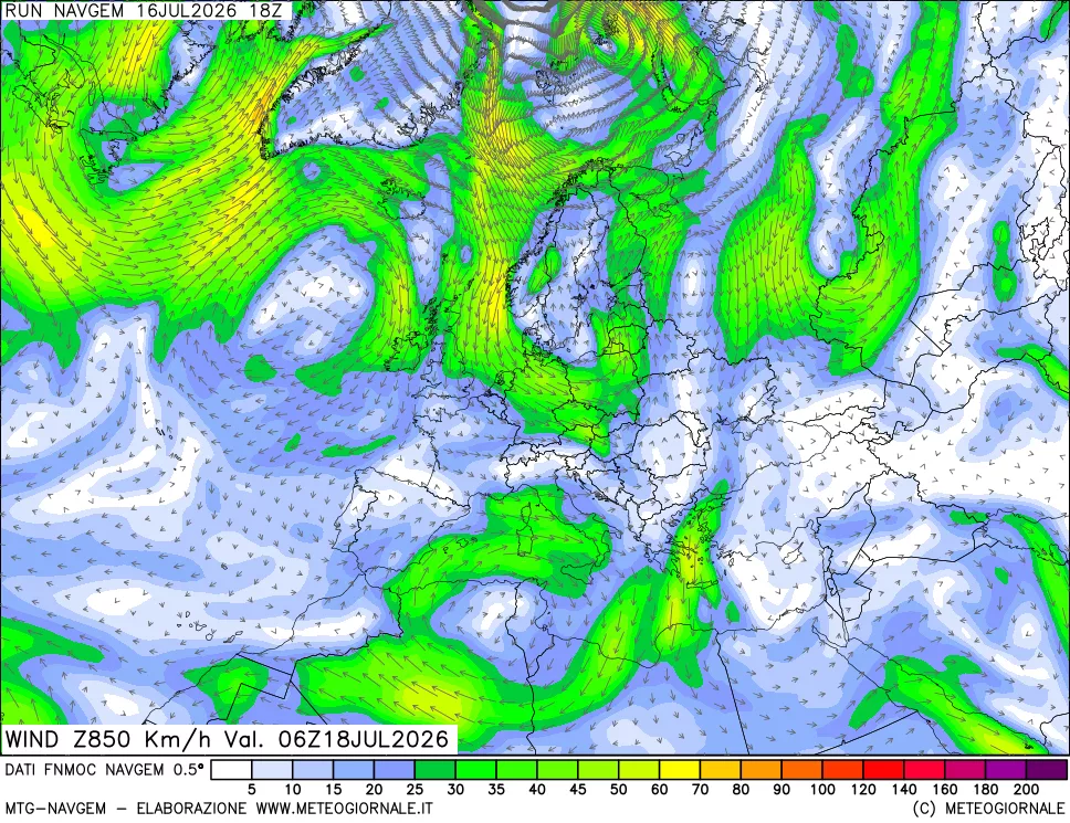 mappa Direzione e forza del vento a 850hPa