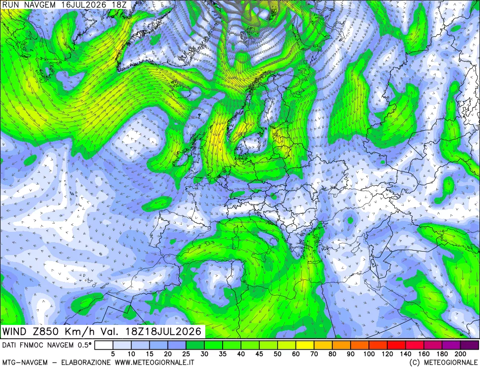 mappa Direzione e forza del vento a 850hPa