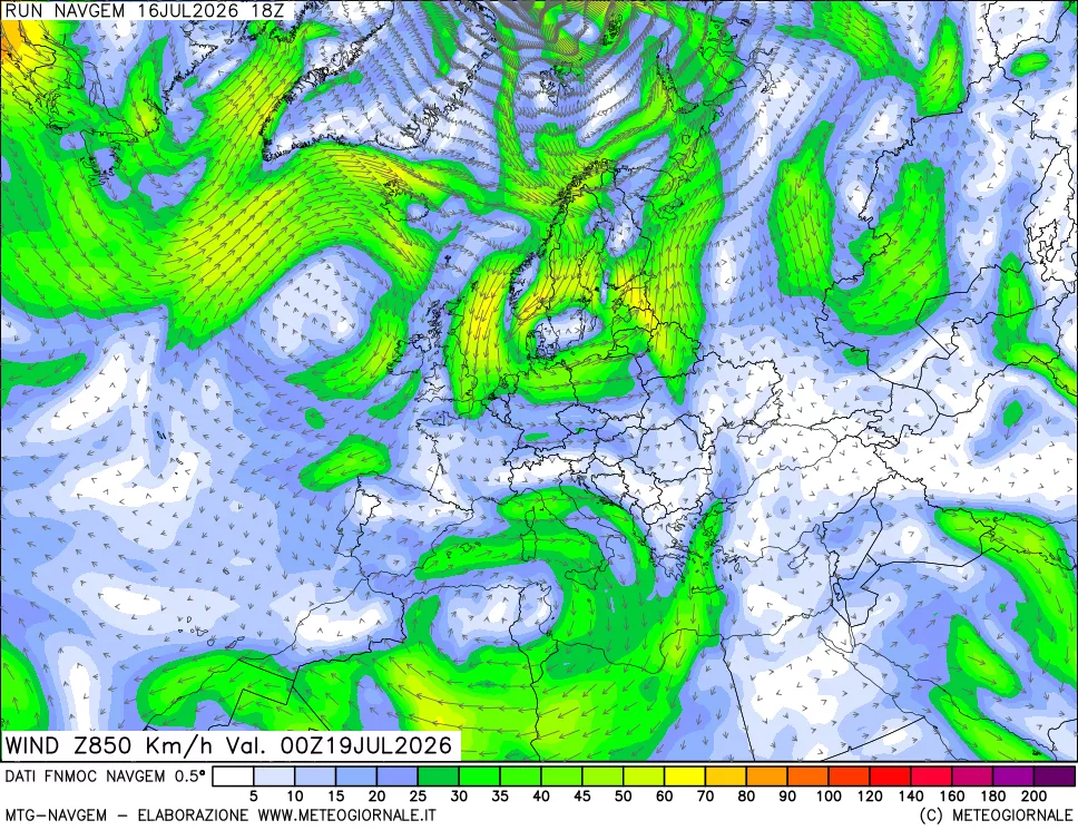 mappa Direzione e forza del vento a 850hPa