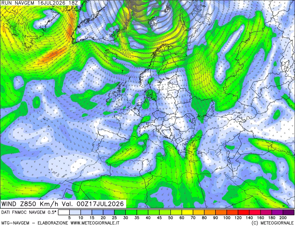 mappa Direzione e forza del vento a 850hPa