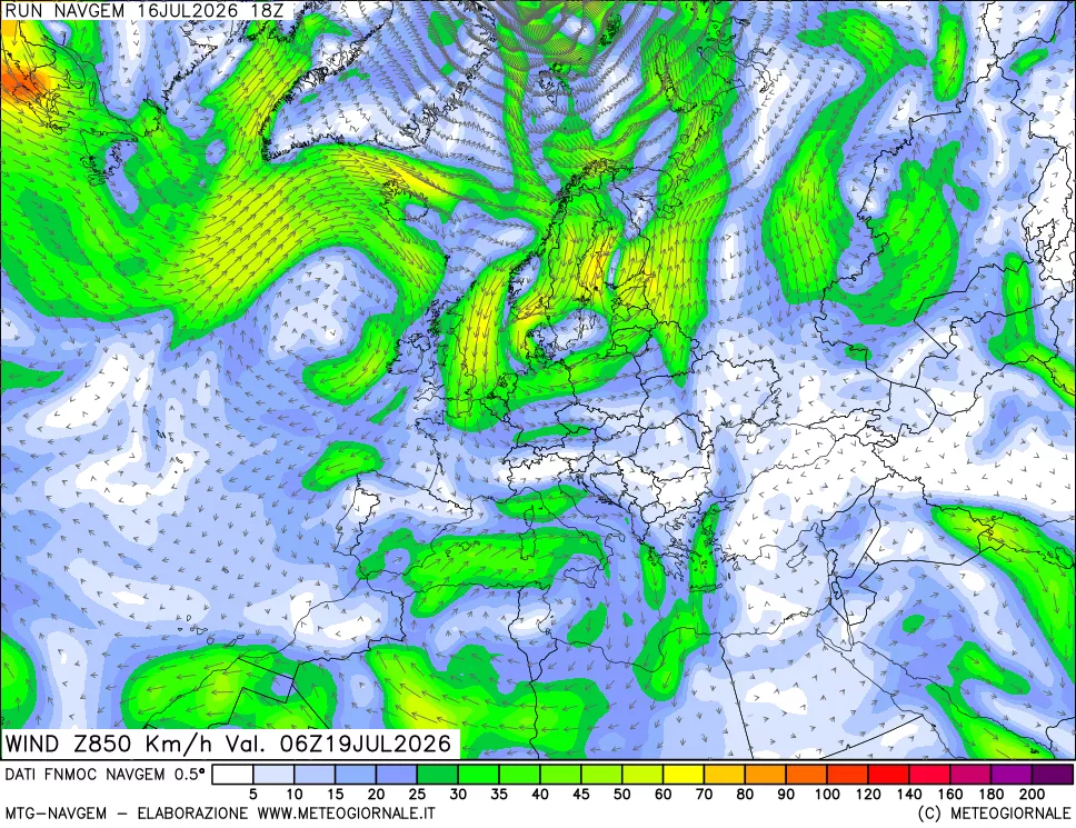 mappa Direzione e forza del vento a 850hPa