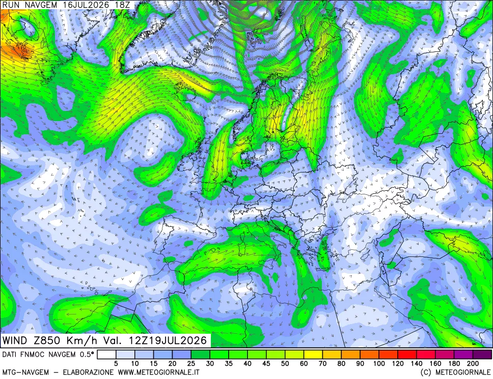 mappa Direzione e forza del vento a 850hPa
