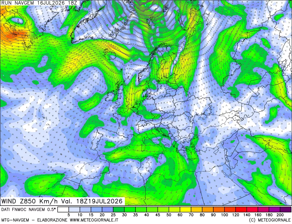 mappa Direzione e forza del vento a 850hPa