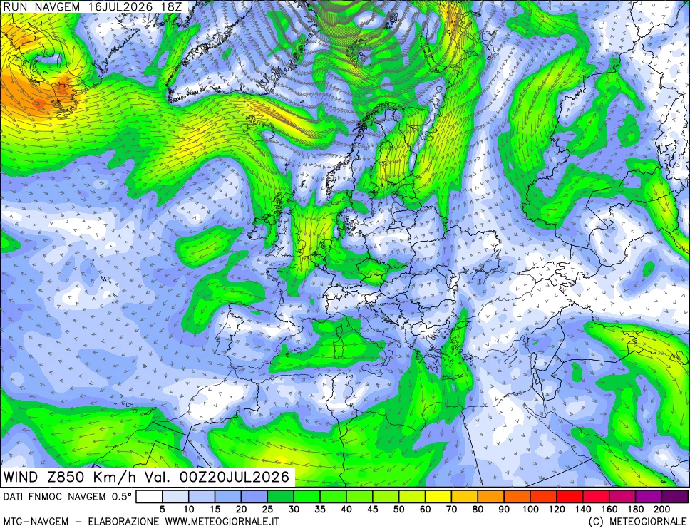 mappa Direzione e forza del vento a 850hPa