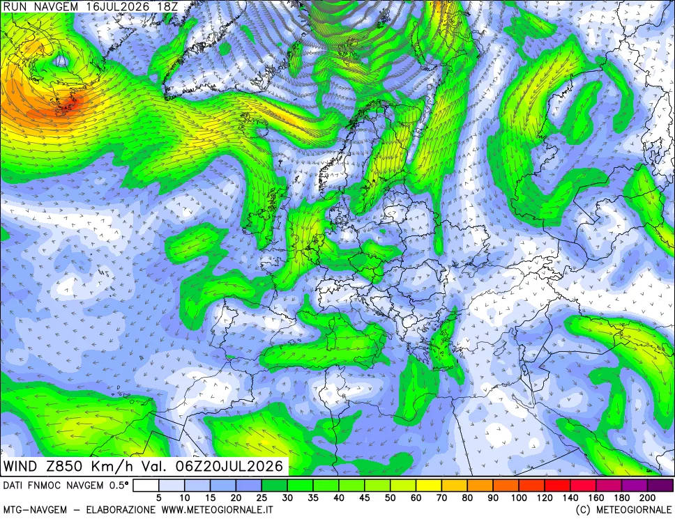 mappa Direzione e forza del vento a 850hPa