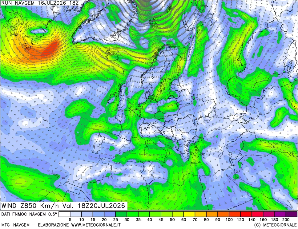 mappa Direzione e forza del vento a 850hPa